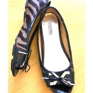 Michael Kors Zebra Print Ballet Flats Open Toe Bow Leather MK Logo Calf Hair 7